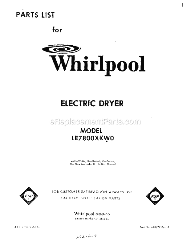 Whirlpool LE7800XKW0 Residential Dryer Page D Diagram