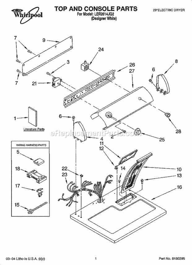 Whirlpool LER2614JQ2 Residential Dryer Top and Console Parts Diagram