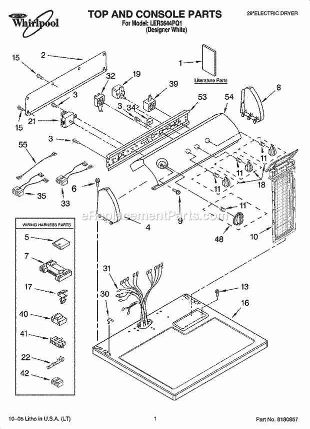 Whirlpool LER5644PQ1 Residential Dryer Top and Console Parts Diagram