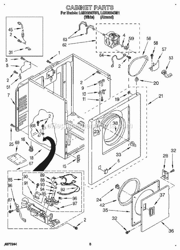 Whirlpool LGN3624BN1 Residential Gas Dryer Cabinet Diagram