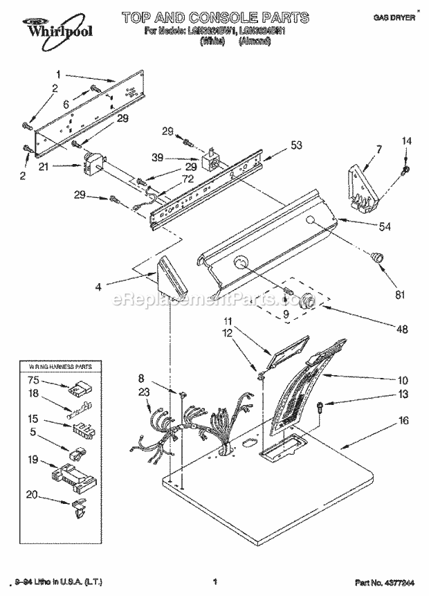 Whirlpool LGN3624BN1 Residential Gas Dryer Top and Console, Lit/Optional Diagram