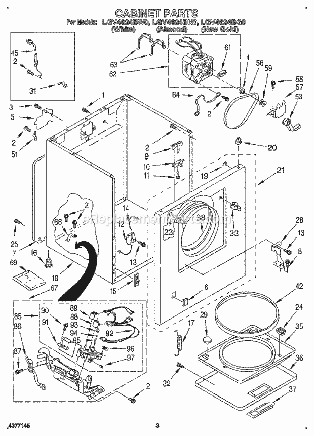 Whirlpool LGV4624BW0 Residential Gas Dryer Cabinet Diagram