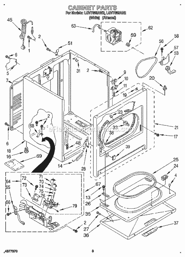 Whirlpool LGV7858AW2 Residential Gas Dryer Cabinet Diagram