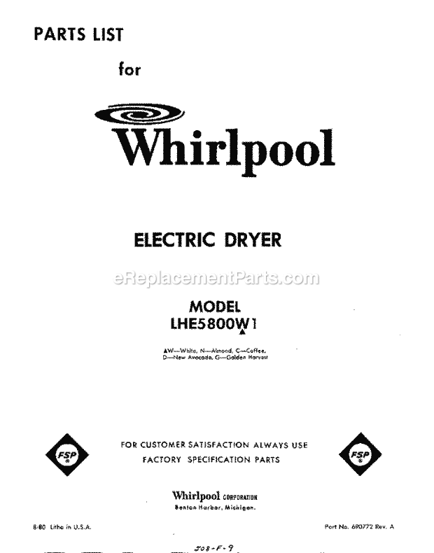 Whirlpool LHE5800W1 Residential Dryer Page D Diagram