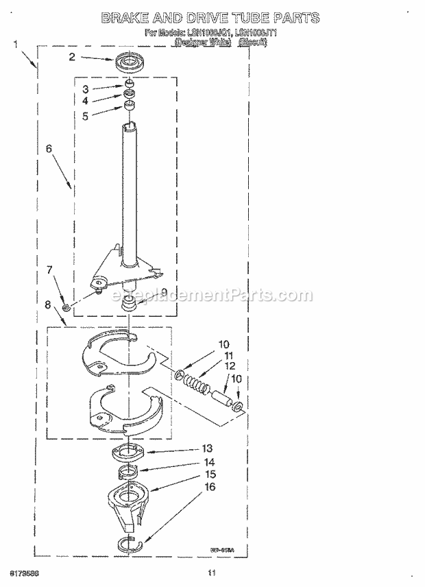 Whirlpool LSN1000JT1 Residential Washer Brake and Drive Tube Diagram