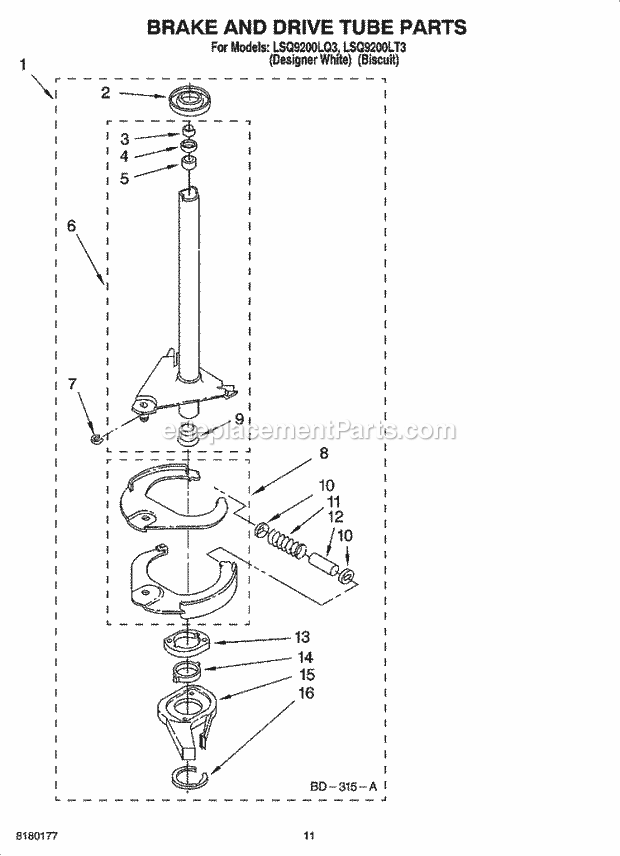 Whirlpool LSQ9200LQ3 Residential Washer Brake and Drive Tube Parts Diagram