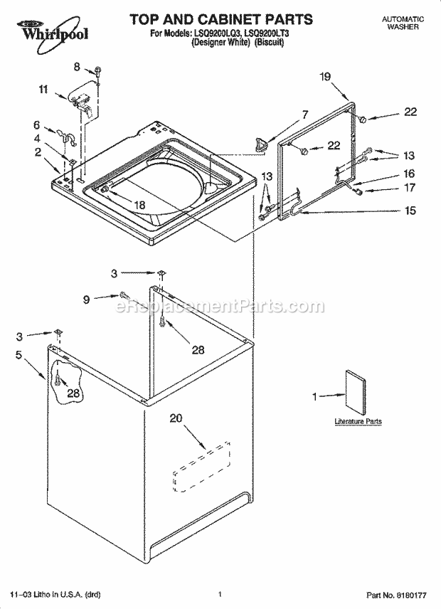 Whirlpool LSQ9200LQ3 Residential Washer Top and Cabinet Parts Diagram