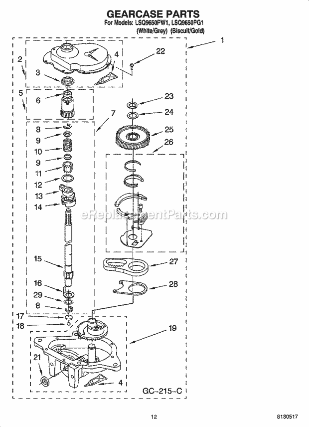 Whirlpool LSQ9650PG1 Residential Washer Gearcase Parts Diagram