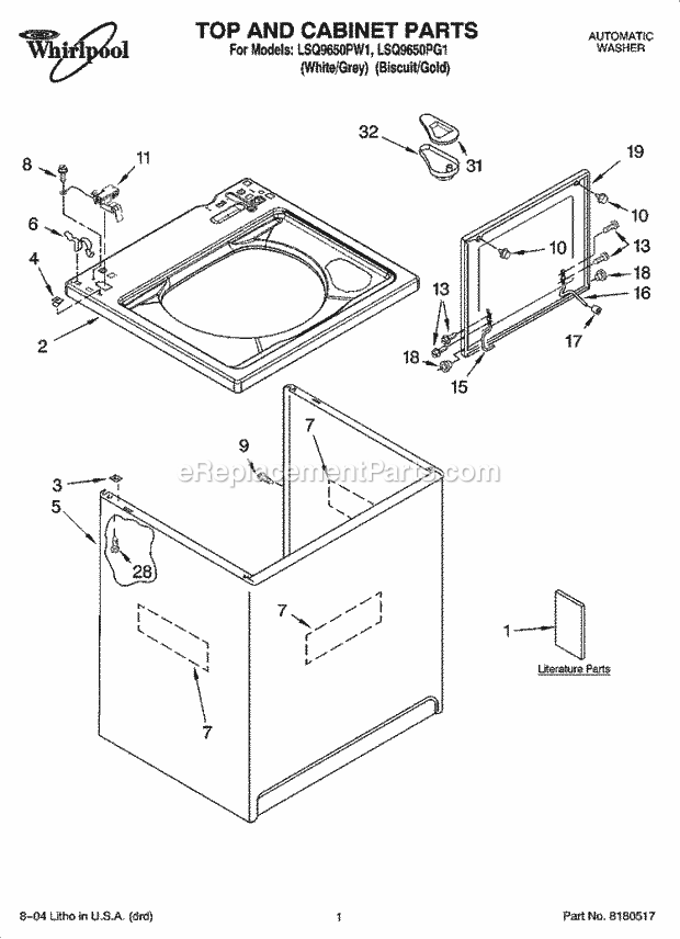 Whirlpool LSQ9650PG1 Residential Washer Top and Cabinet Parts Diagram