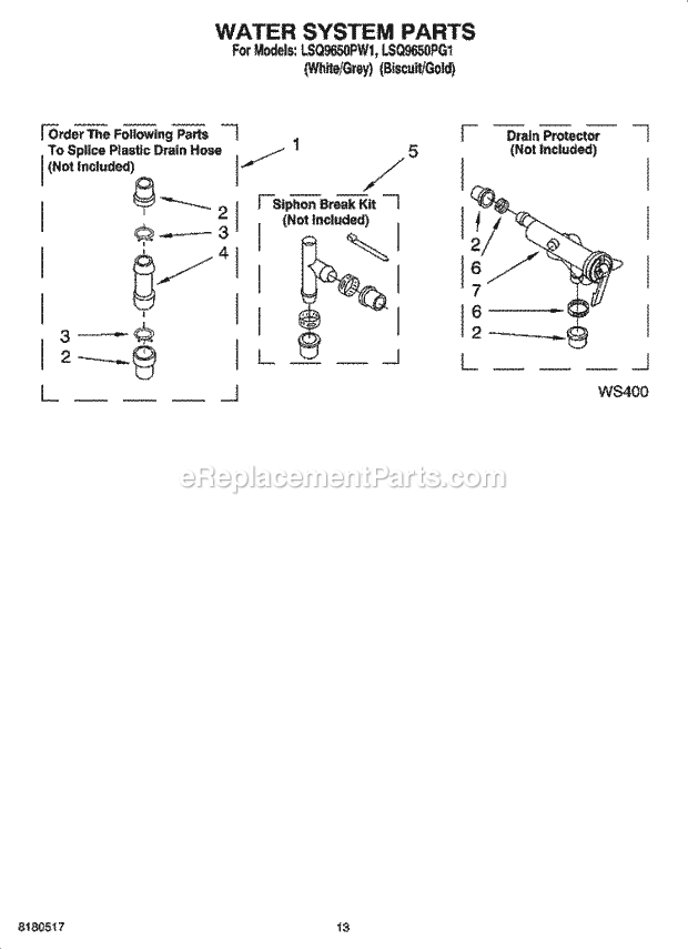 Whirlpool LSQ9650PG1 Residential Washer Water System Parts, Miscellaneous Parts, Optional Parts (Not Included) Diagram