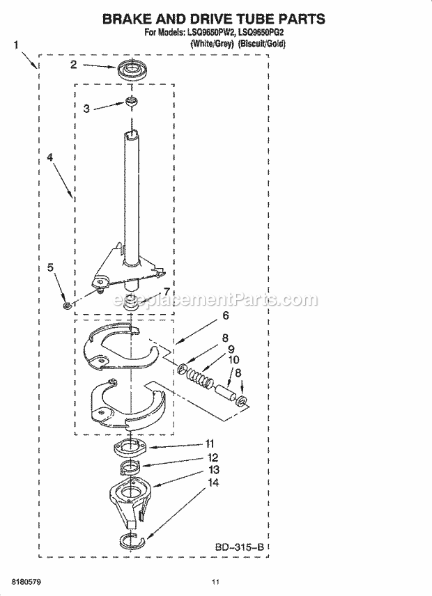 Whirlpool LSQ9650PW2 Residential Washer Brake and Drive Tube Parts Diagram