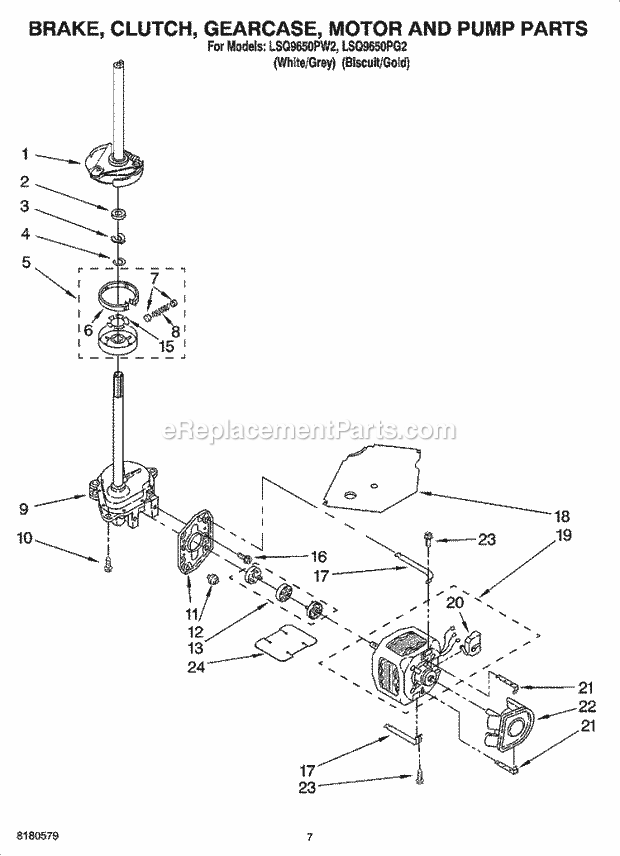 Whirlpool LSQ9650PW2 Residential Washer Brake, Clutch, Gearcase, Motor and Pump Parts Diagram