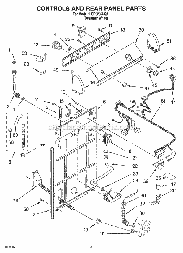 Whirlpool LSR5232LQ1 Residential Washer Controls and Rear Panel Parts Diagram