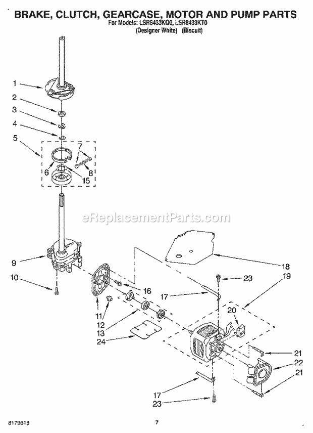 Whirlpool LSR8433KT0 Residential Washer Brake, Clutch, Gearcase, Motor and Pump Diagram