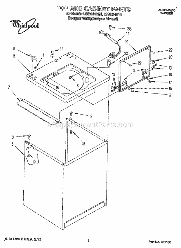 Whirlpool LSS8244AZ0 Washer Top and Cabinet, Lit/Optional Diagram