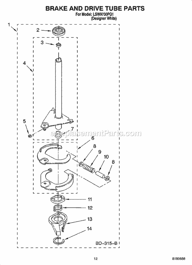 Whirlpool LSW9700PQ1 Residential Washer Brake and Drive Tube Parts Diagram