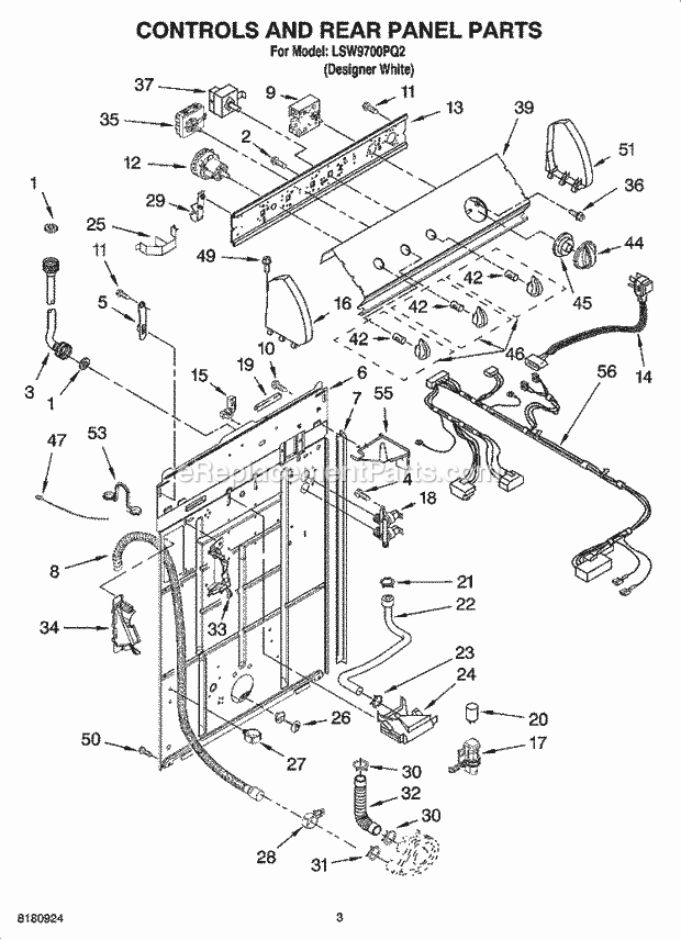 Whirlpool LSW9700PQ2 Residential Washer Controls and Rear Panel Parts Diagram