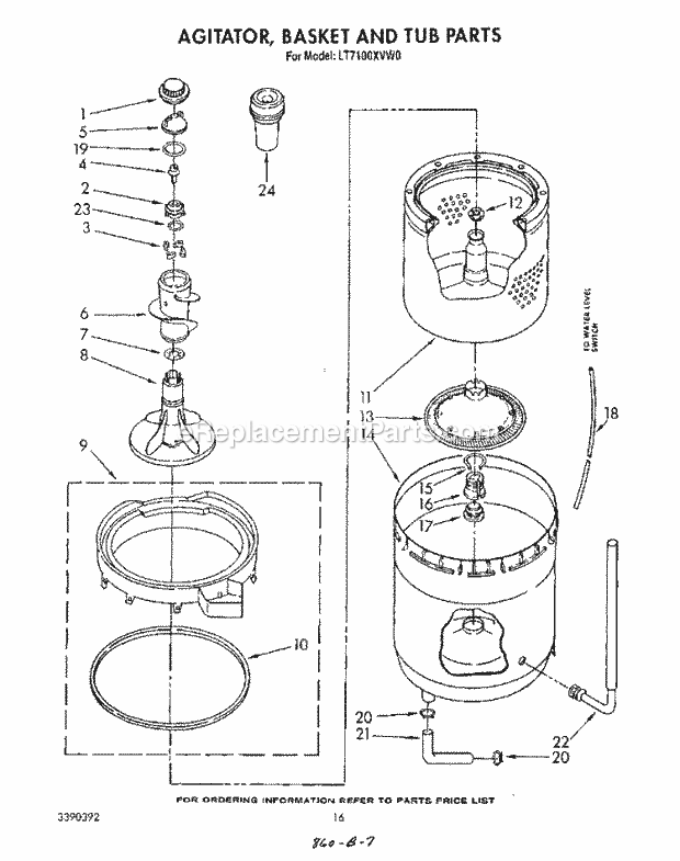 Whirlpool LT7100XVW0 Laundry Centers Agitator Basket and Tub Diagram