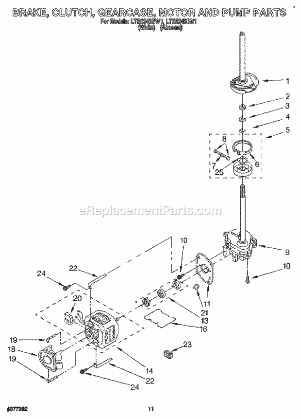 Whirlpool LTE5243BN1 Washer/Dryer Combo Laundry System Brake, Clutch, Gearcase, Motor and Pump Diagram