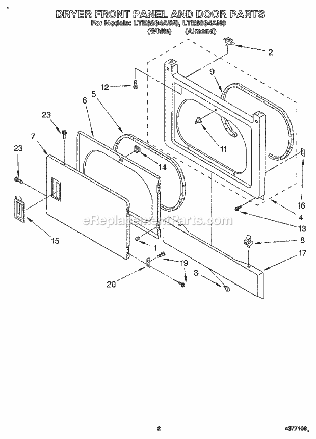 Whirlpool LTE6234AN0 Washer/Dryer Combo Dryer Front Panel and Door Diagram