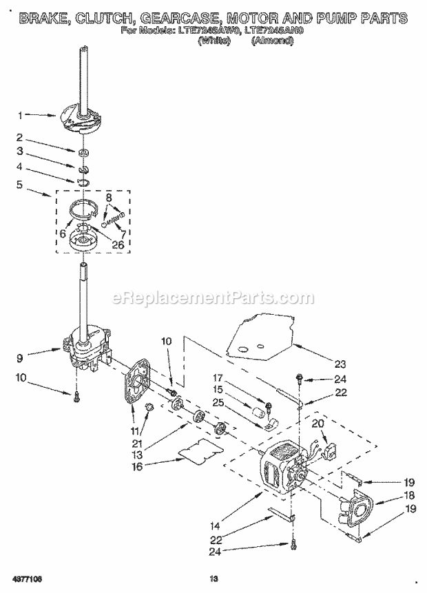 Whirlpool LTE7245AW0 Washer/Dryer Combo Laundry System Brake, Clutch, Gearcase, Motor and Pump Diagram