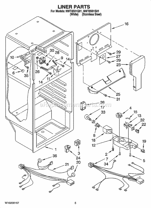 Whirlpool NWT8501S01 Top Freezer Top-Mount Refrigerator Liner Parts Diagram