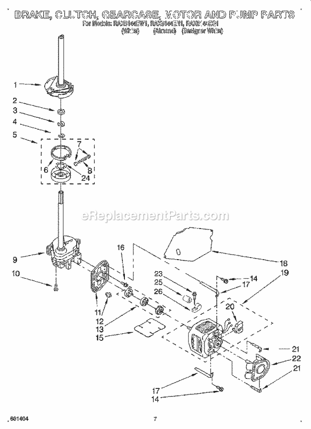 Whirlpool RAX6144EQ1 Washer Brake, Clutch, Gearcase, Motor and Pump Diagram