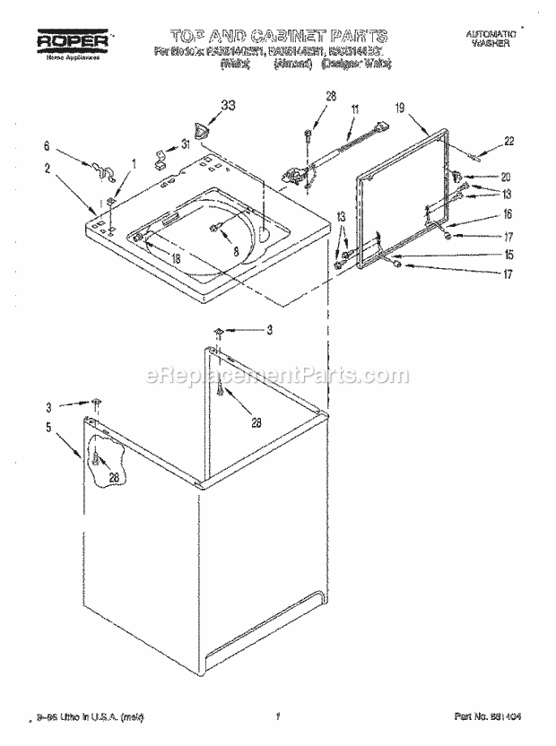 Whirlpool RAX6144EW1 Washer Top and Cabinet Diagram