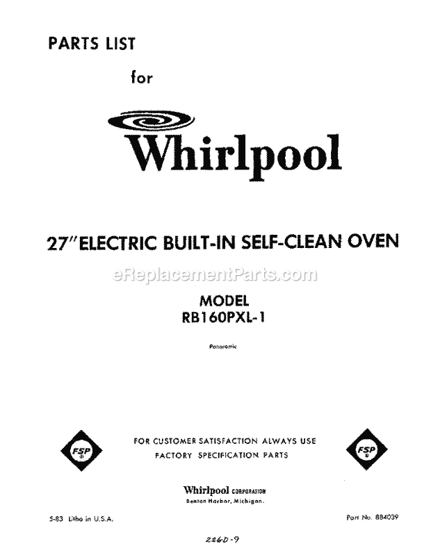 Whirlpool RB160PXL1 Electric Range Page D Diagram