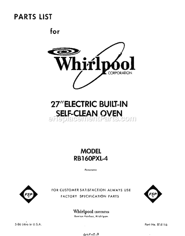 Whirlpool RB160PXL4 Electric Range Page D Diagram