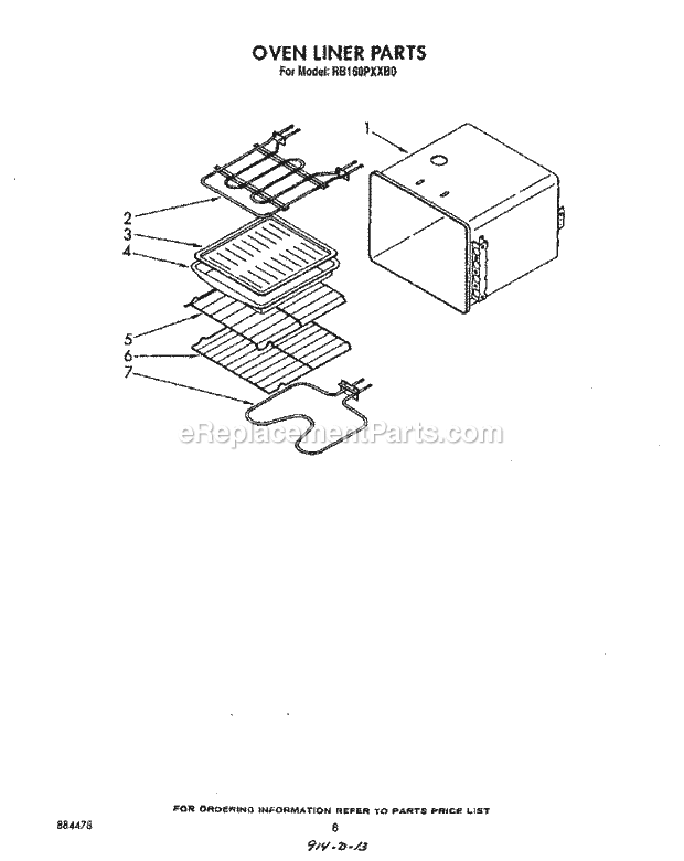 Whirlpool RB160PXXB0 Electric Range Oven Liner Diagram