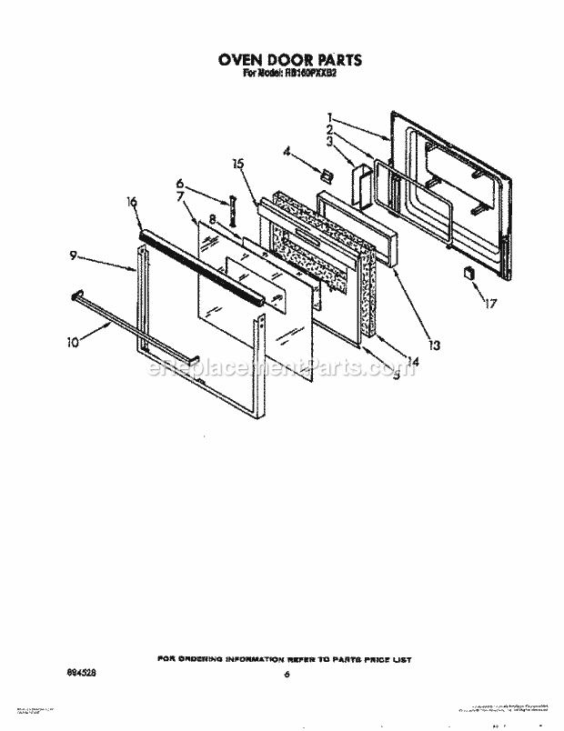 Whirlpool RB160PXXB2 Electric Range Oven Door Diagram