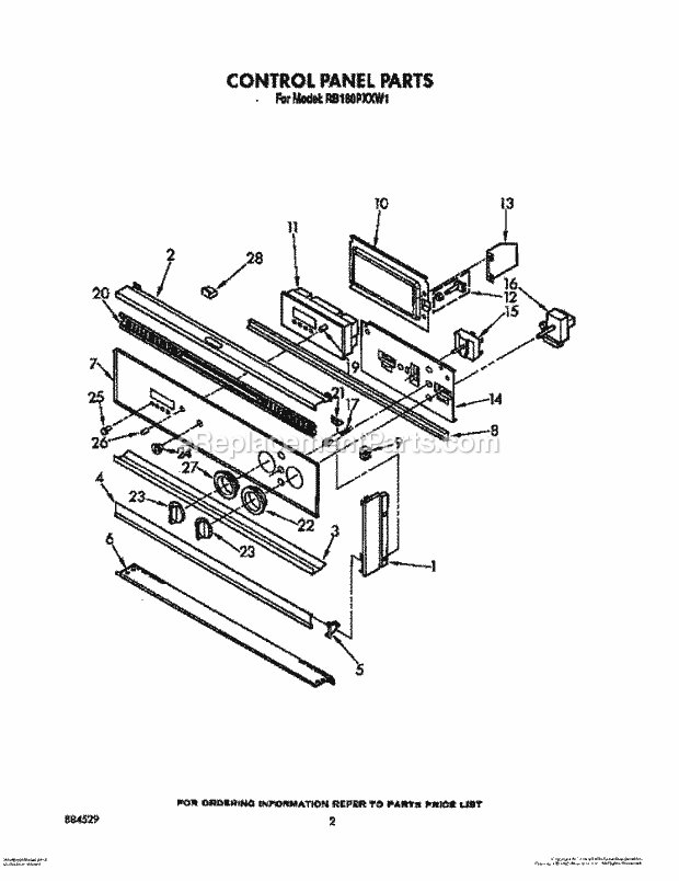 Whirlpool RB160PXXW1 Electric Range Control Panel, Lit/Optional Diagram