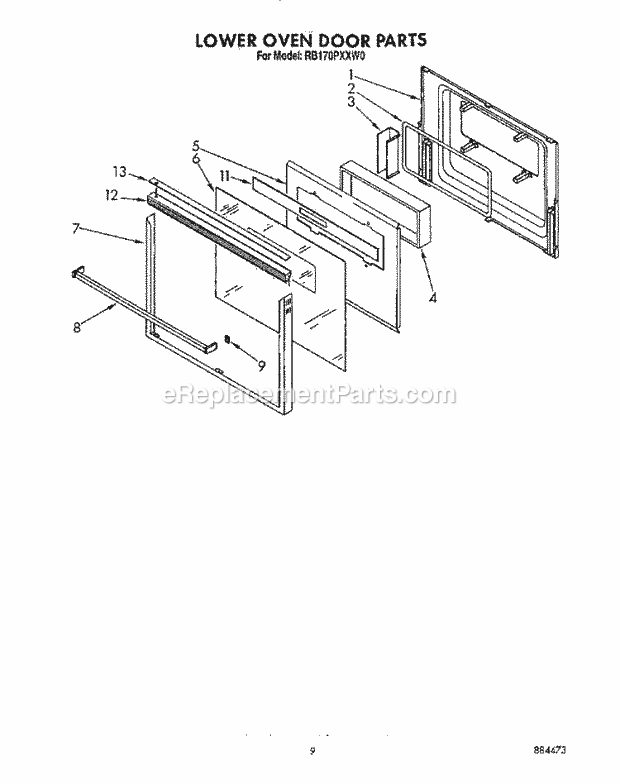 Whirlpool RB170PXXW0 Electric Range Lower Oven Door Diagram