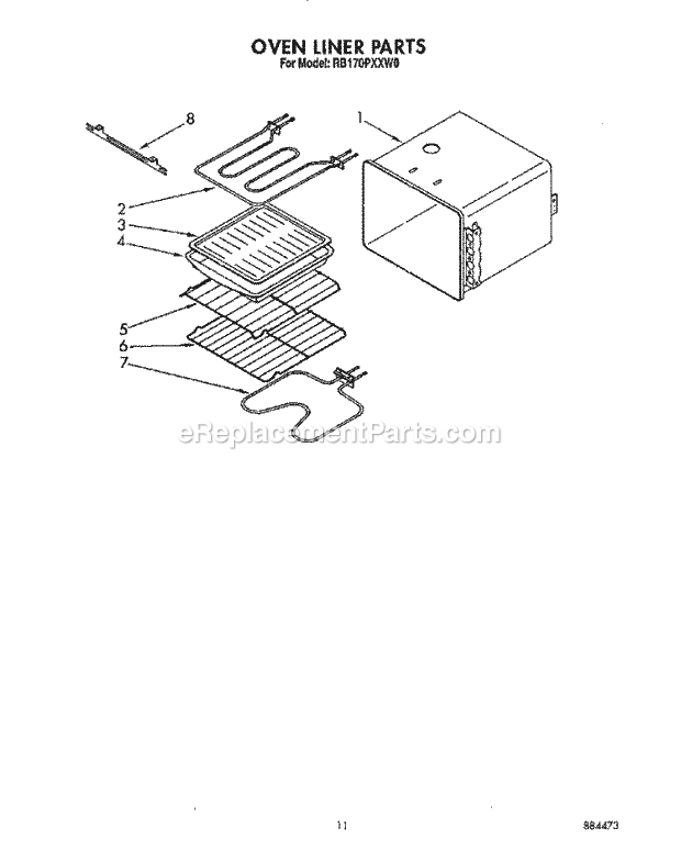 Whirlpool RB170PXXW0 Electric Range Oven Liner Diagram