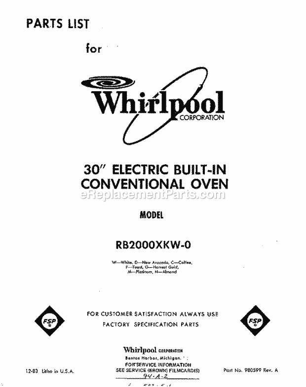 Whirlpool RB2000XKW0 Built-in Electric Oven Page D Diagram