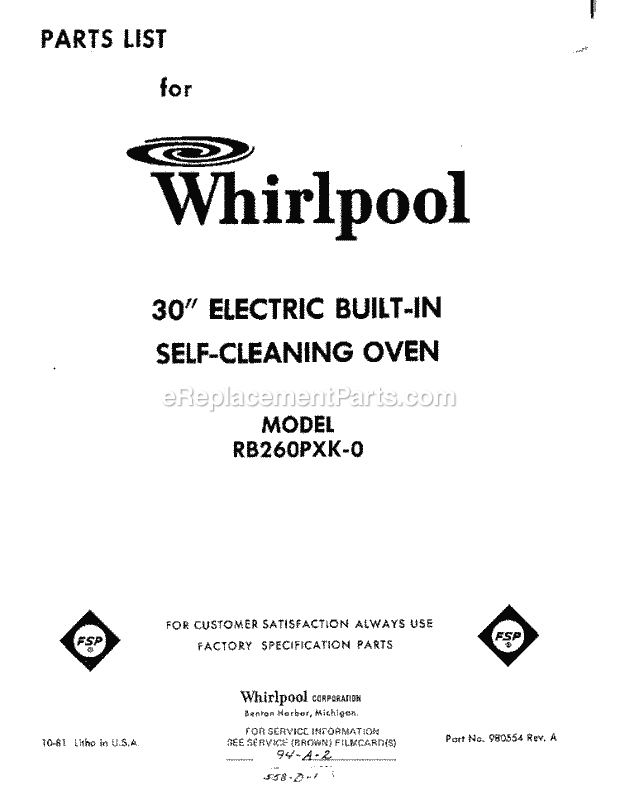 Whirlpool RB260PXK0 Built-in Electric Oven Page D Diagram