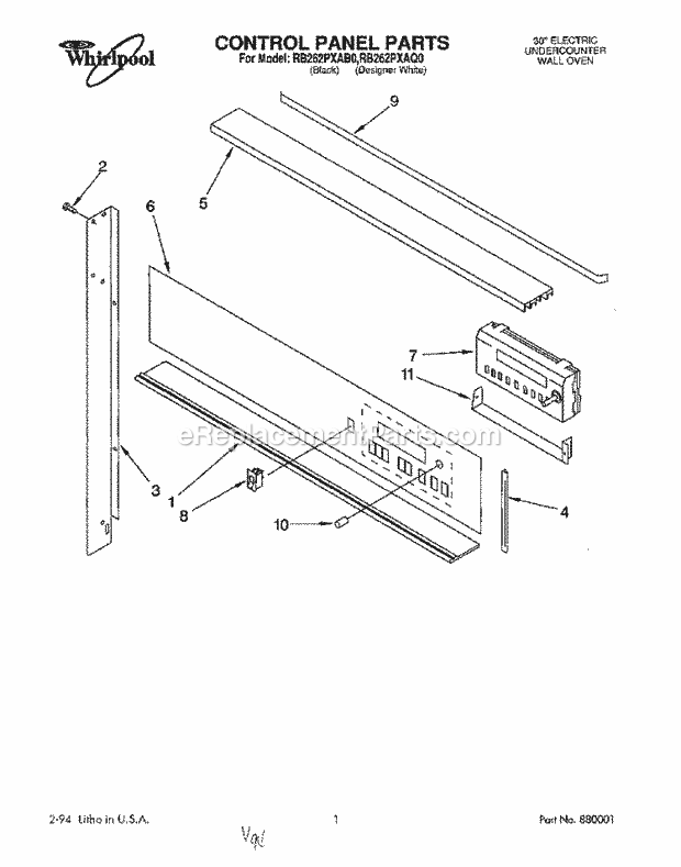 Whirlpool RB262PXAQ0 Range Control Panel Diagram