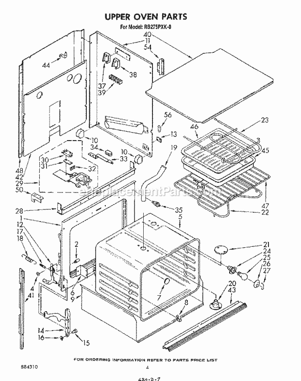 Whirlpool RB275PXK0 Electric Range Upper Oven Diagram