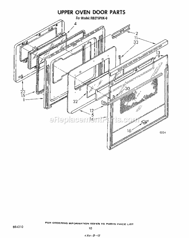 Whirlpool RB275PXK0 Electric Range Upper Oven Door Diagram