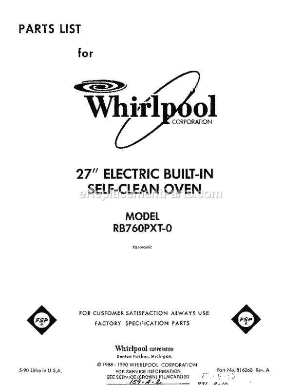 Whirlpool RB760PXT0 Electric Range Page D Diagram