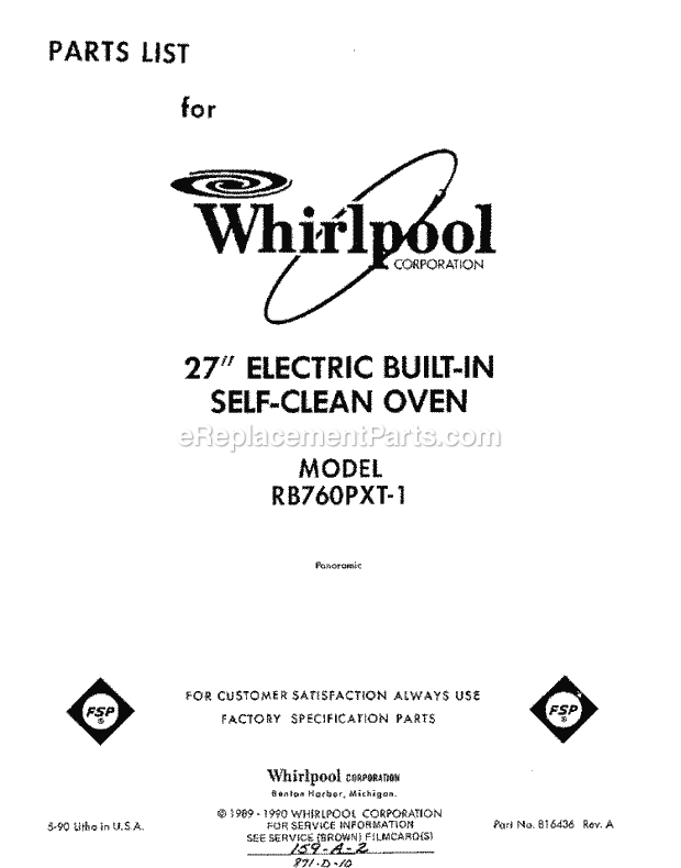 Whirlpool RB760PXT1 Electric Range Page D Diagram