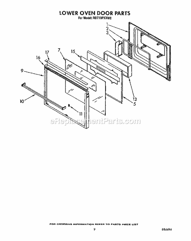 Whirlpool RB770PXXW0 Electric Range Lower Oven Door Diagram