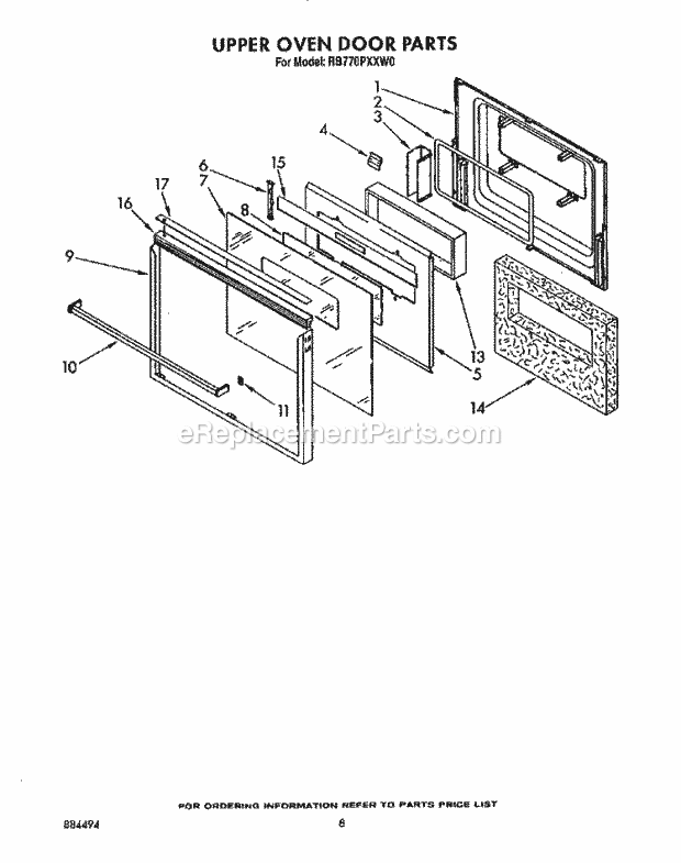 Whirlpool RB770PXXW0 Electric Range Upper Oven Door Diagram