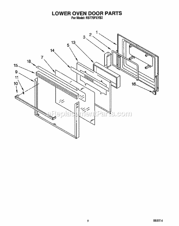 Whirlpool RB770PXYB2 Electric Range Lower Oven Door Diagram