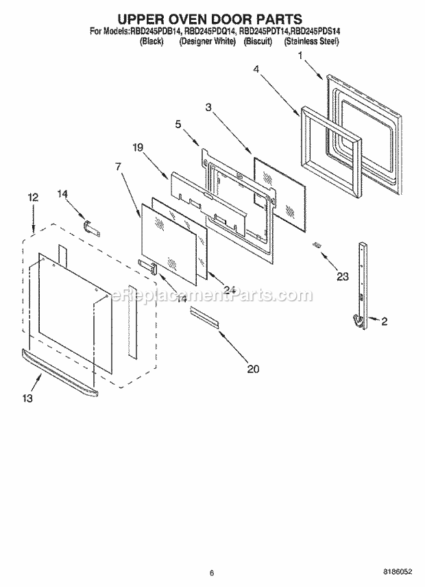 Whirlpool RBD245PDB14 Electric Built-in Oven Upper Oven Door Parts Diagram