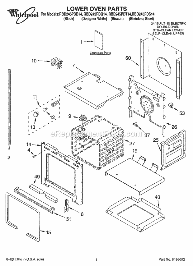 Whirlpool RBD245PDS14 Electric Built-in Oven Lower Oven Parts Diagram