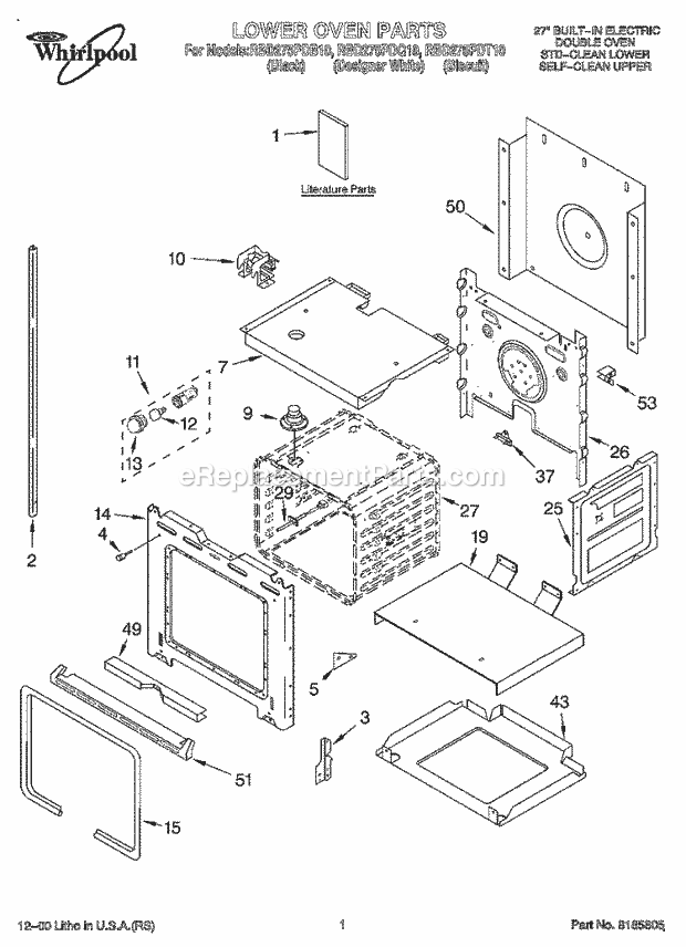 Whirlpool RBD275PDB10 Electric Built-in Oven Lower Oven, Literature Diagram