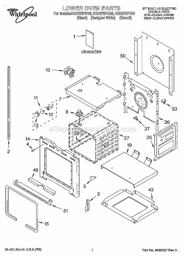 Whirlpool RBD275PDB9 Built-in Electric Oven Lower Oven, Literature Diagram
