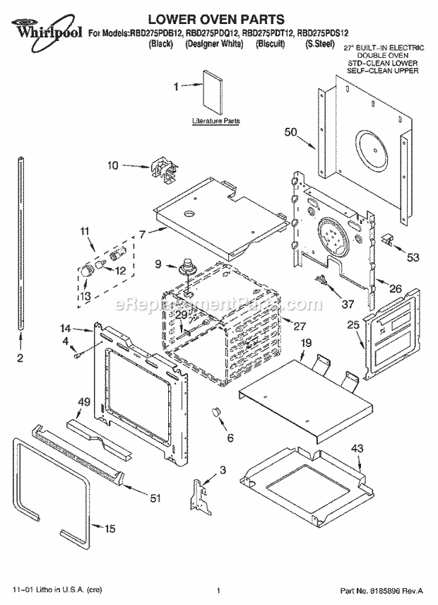 Whirlpool RBD275PDQ12 Electric Built-in Oven Lower Oven, Literature Diagram